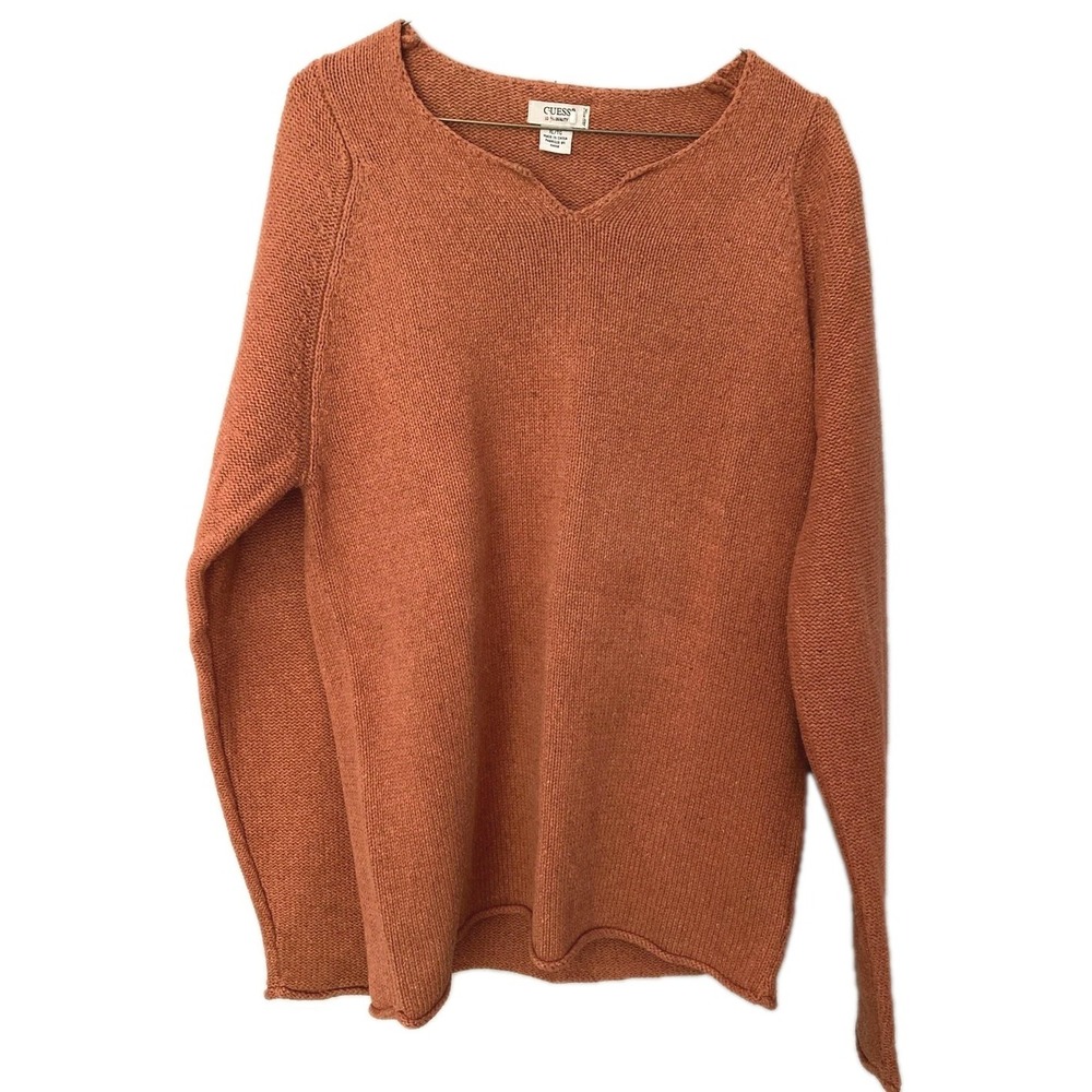 GUESS Sweater Women XL Orange Silk Cotton V Neck Pullover Knit Rolled Hem